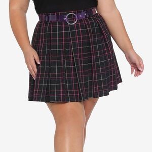 Hot Topic Pleated Skirt Black Purple Pink Plaid With O-Ring Belt L Large